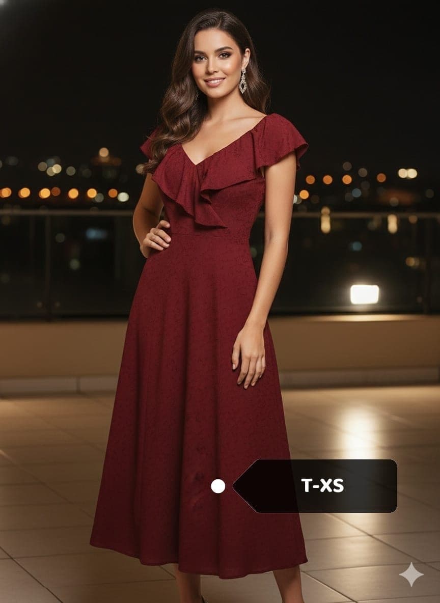 Vestido midi cuello V con volante y mangas de vuelo