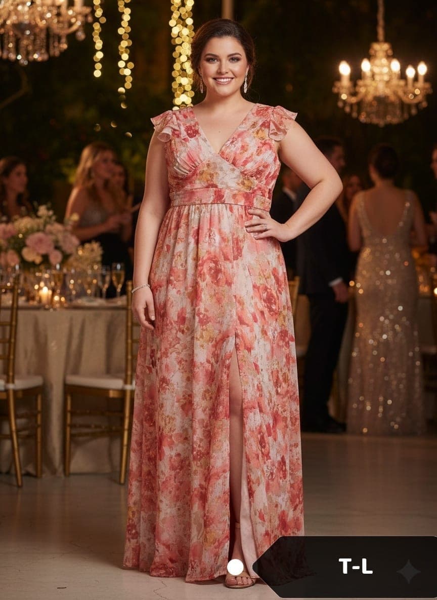 Vestido largo floral con mangas de vuelo y abertura