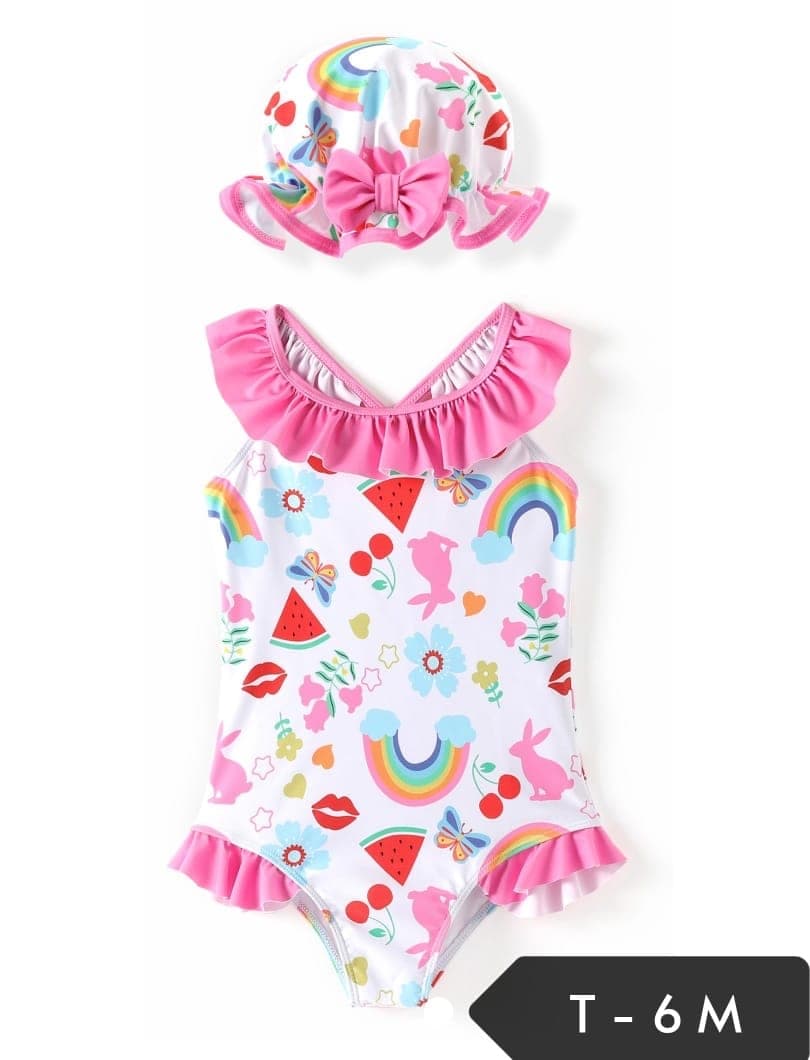 Traje de baño de bebé enterizo con gorro y estampado de arcoíris