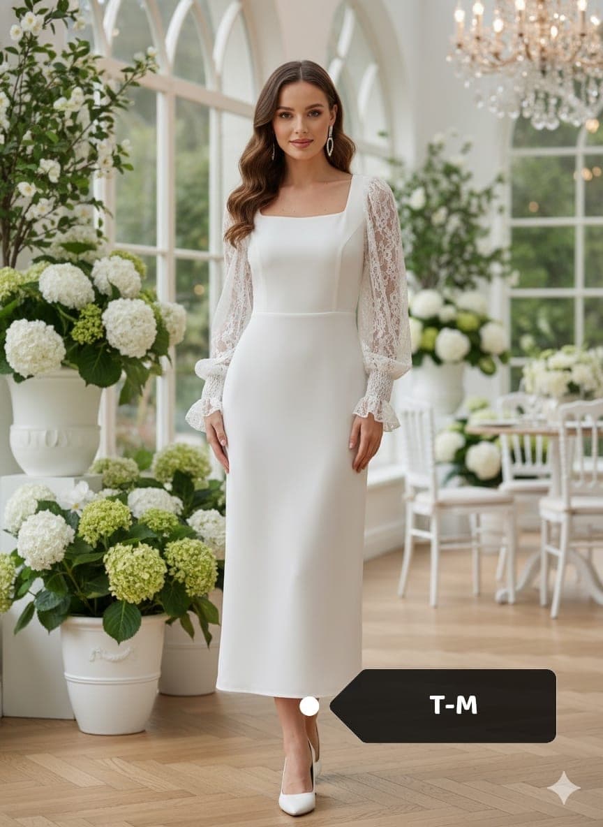 Vestido midi escote cuadrado con mangas de encaje
